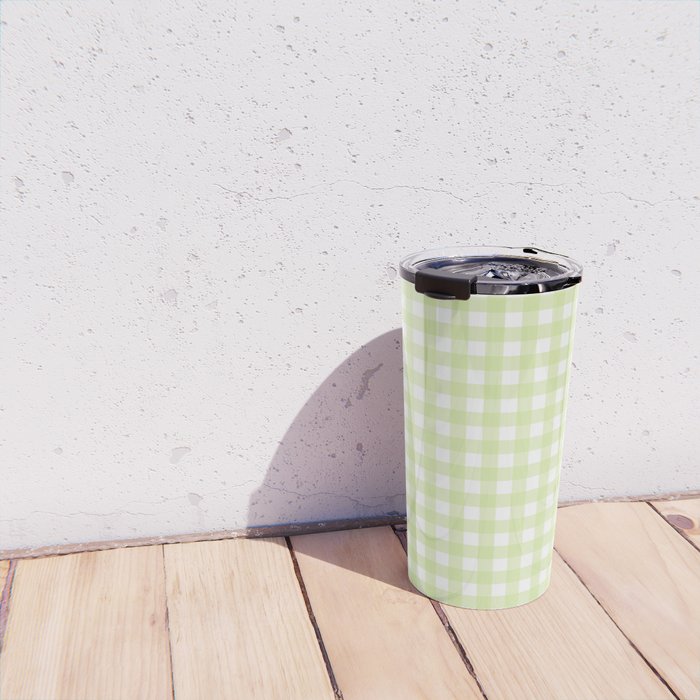 Gingham Check Pattern in Light Lime Green and White Travel Mug Gallery Image 4