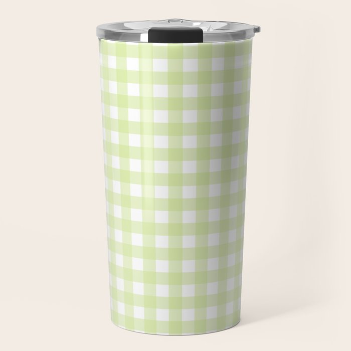 Gingham Check Pattern in Light Lime Green and White Travel Mug Gallery Image 1