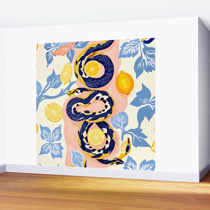 Snakes & Lemons, Whimsical Eclectic Wildlife Animals, Fruit Food Bohemian Summer, Quirky Venom Illustration Moroccan Tiles Wall Mural Gallery Image 2