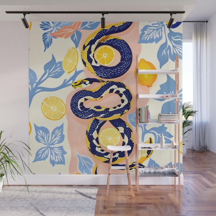 Snakes & Lemons, Whimsical Eclectic Wildlife Animals, Fruit Food Bohemian Summer, Quirky Venom Illustration Moroccan Tiles Wall Mural Gallery Image 1