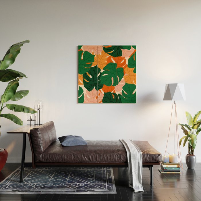 Vibrant Monstera Leaf Pattern Wood Wall Art Gallery Image 2