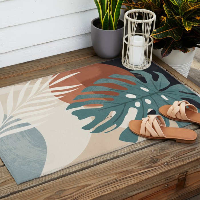 Abstract Art Tropical Leaves  Outdoor Rug Gallery Image 2