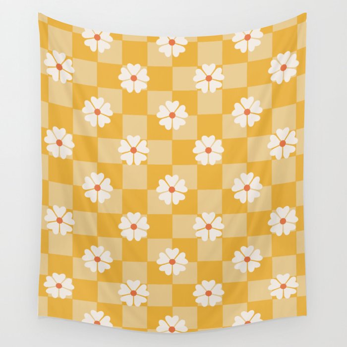 Daisies On Yellow Checkerboard Wall Tapestry Gallery Image 4