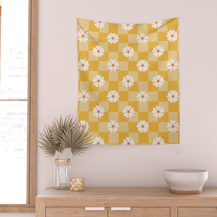 Daisies On Yellow Checkerboard Wall Tapestry Gallery Image 2