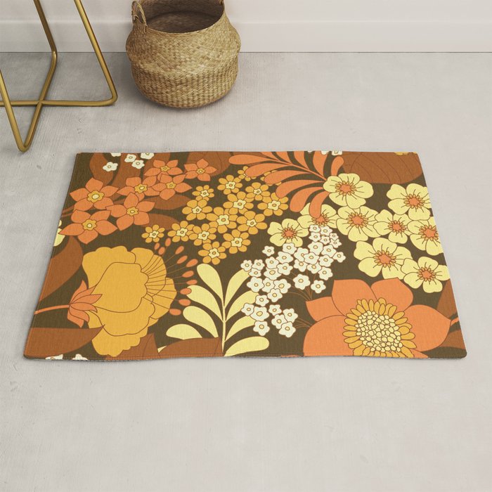 Brown, Yellow, Orange qnd Ivory Retro Flowers Rug Gallery Image 1
