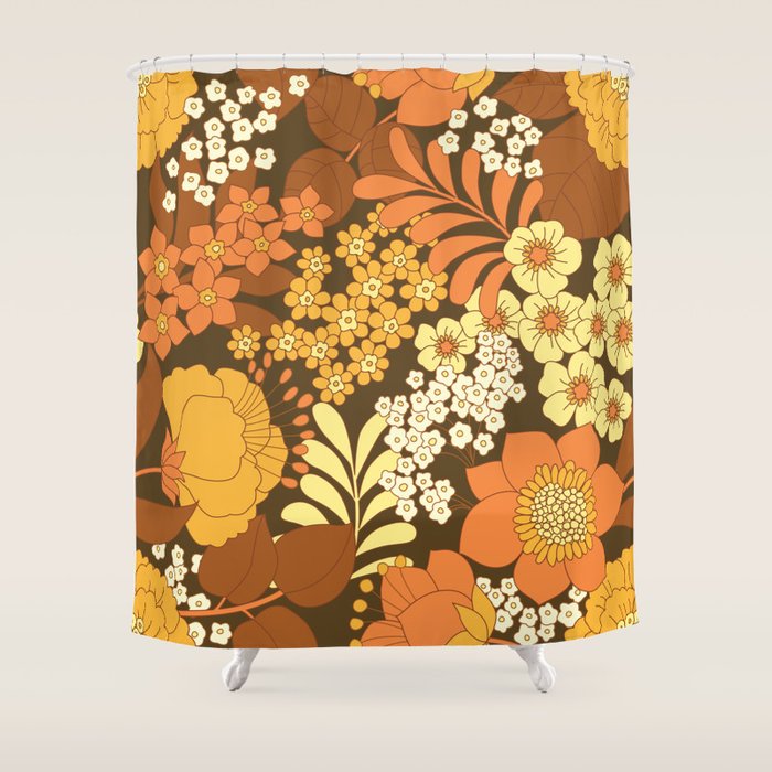 Brown, Yellow, Orange qnd Ivory Retro Flowers Shower Curtain Gallery Image 1