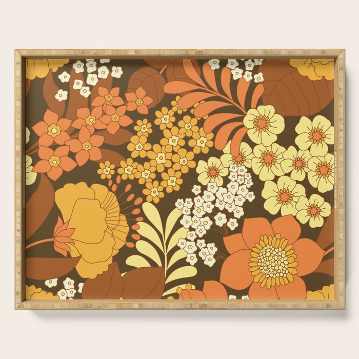 Brown, Yellow, Orange qnd Ivory Retro Flowers Serving Tray Gallery Image 1