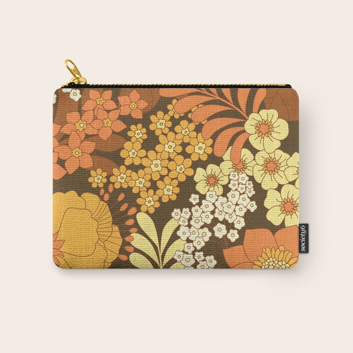 Brown, Yellow, Orange qnd Ivory Retro Flowers Carry All Pouch Gallery Image 1