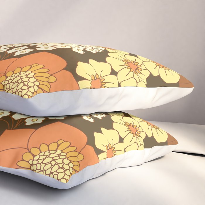 Brown, Yellow, Orange qnd Ivory Retro Flowers Pillow Sham Gallery Image 3