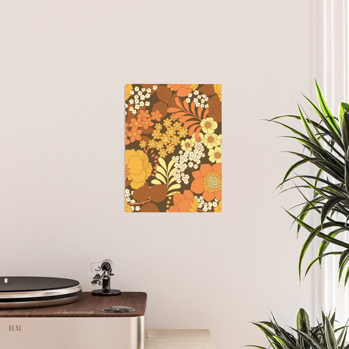 Brown, Yellow, Orange qnd Ivory Retro Flowers Poster Gallery Image 2