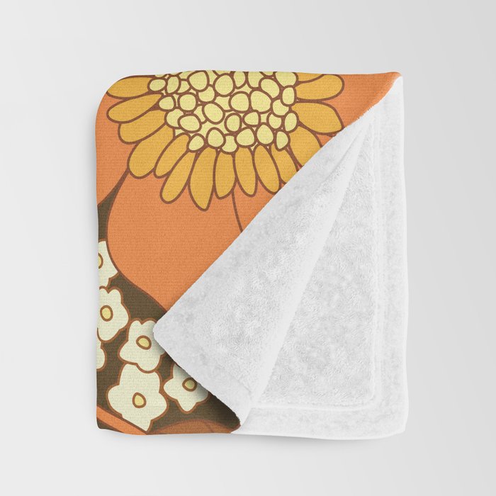 Brown, Yellow, Orange qnd Ivory Retro Flowers Throw Blanket Gallery Image 3