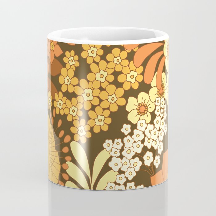 Brown, Yellow, Orange qnd Ivory Retro Flowers Coffee Mug Gallery Image 4