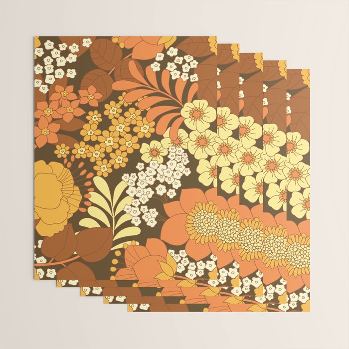 Brown, Yellow, Orange qnd Ivory Retro Flowers Wrapping Paper Gallery Image 3