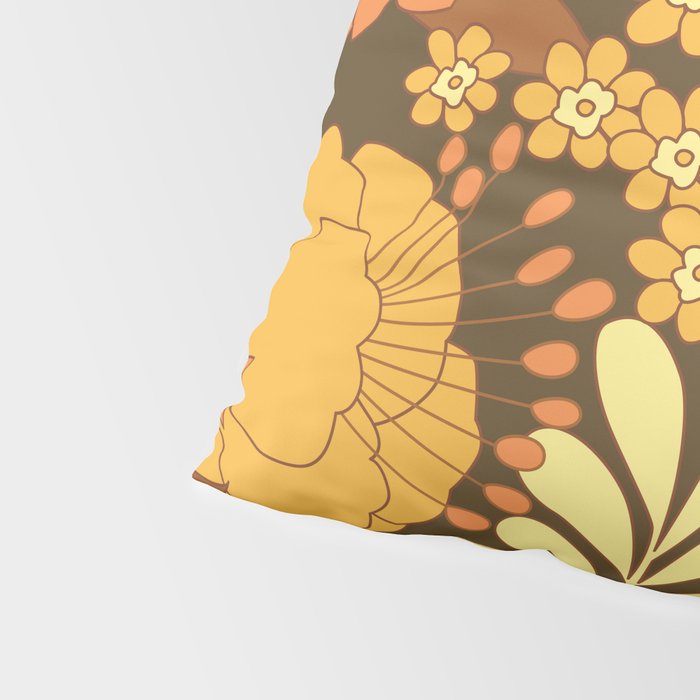 Brown, Yellow, Orange qnd Ivory Retro Flowers Pillow Sham Gallery Image 4