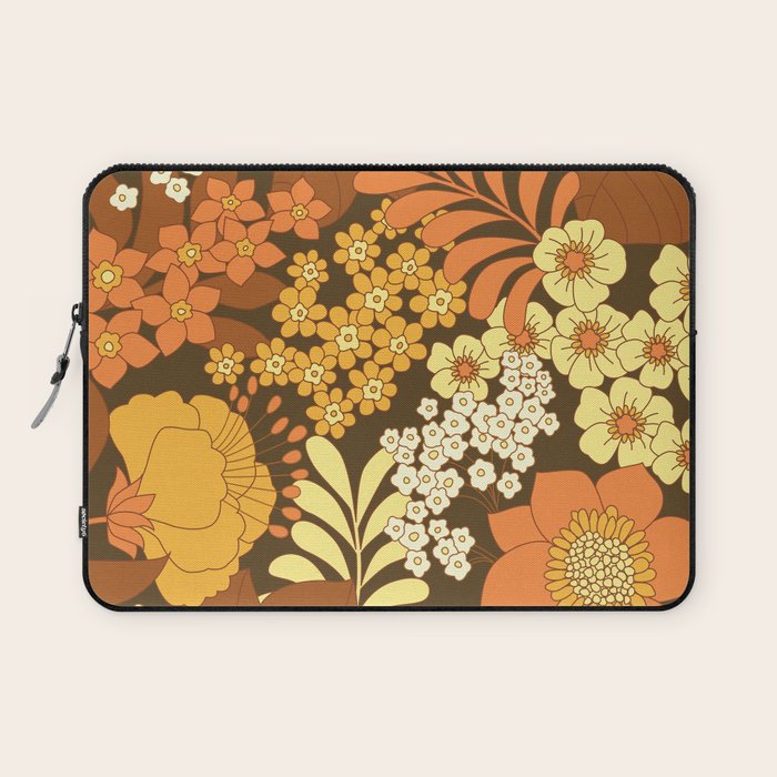 Brown, Yellow, Orange qnd Ivory Retro Flowers Laptop Sleeve Gallery Image 1