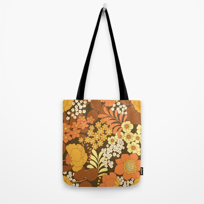 Brown, Yellow, Orange qnd Ivory Retro Flowers Tote Bag Gallery Image 2