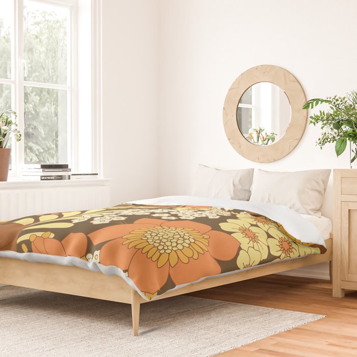 Brown, Yellow, Orange qnd Ivory Retro Flowers Duvet Cover Gallery Image 2
