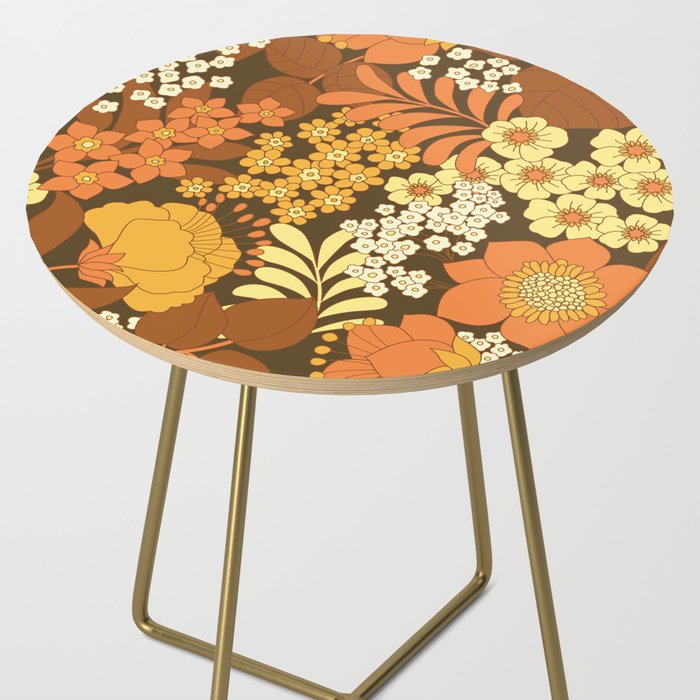 Brown, Yellow, Orange qnd Ivory Retro Flowers Side Table Gallery Image 2