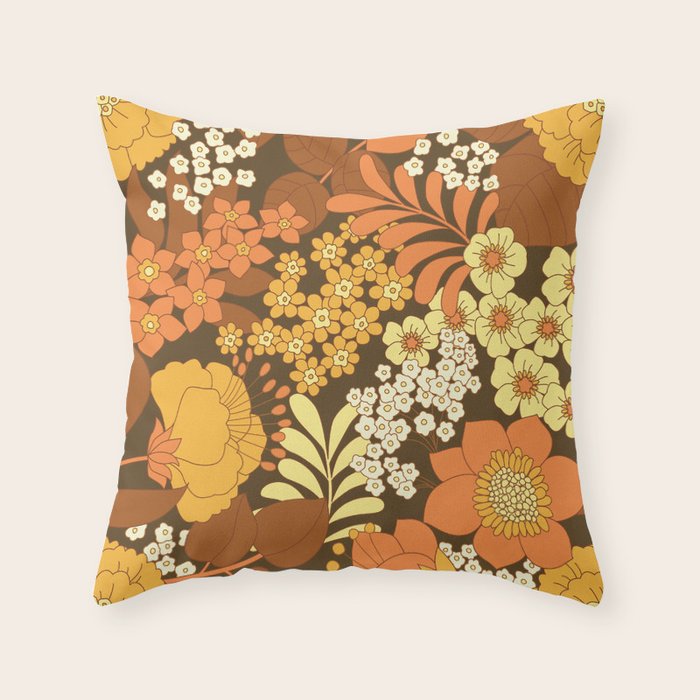 Brown, Yellow, Orange qnd Ivory Retro Flowers Throw Pillow Gallery Image 1
