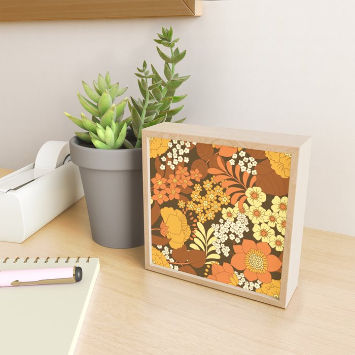 Brown, Yellow, Orange qnd Ivory Retro Flowers Mini Art Print Gallery Image 2