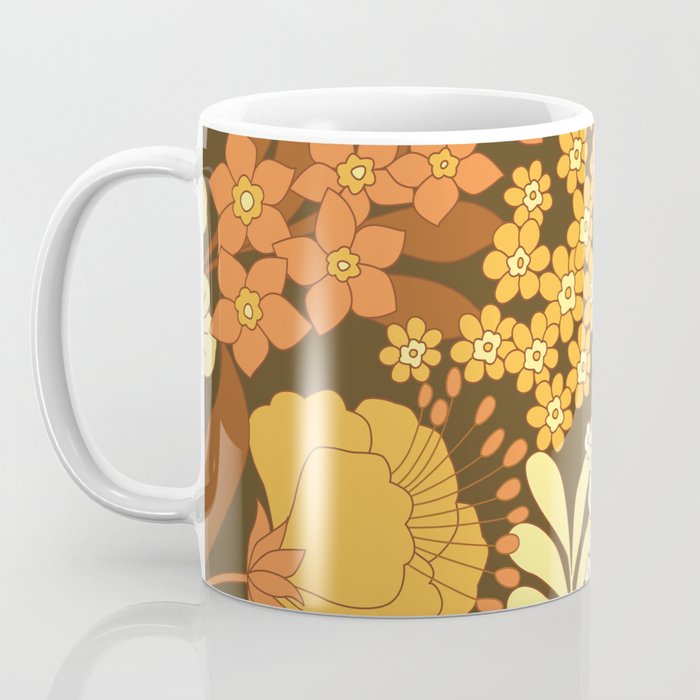 Brown, Yellow, Orange qnd Ivory Retro Flowers Coffee Mug Gallery Image 3