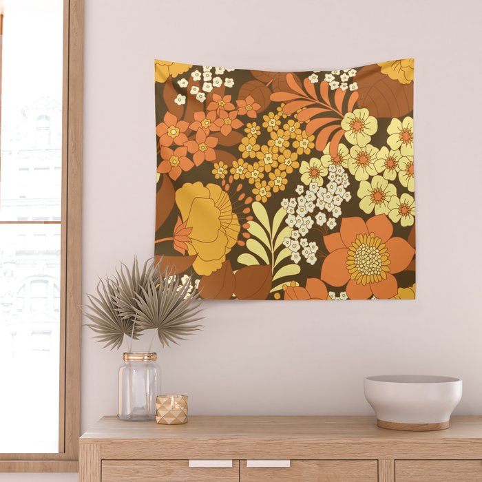 Brown, Yellow, Orange qnd Ivory Retro Flowers Wall Tapestry Gallery Image 2