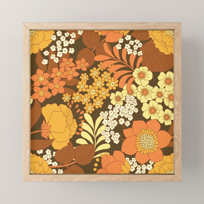 Brown, Yellow, Orange qnd Ivory Retro Flowers Mini Art Print Gallery Image 1