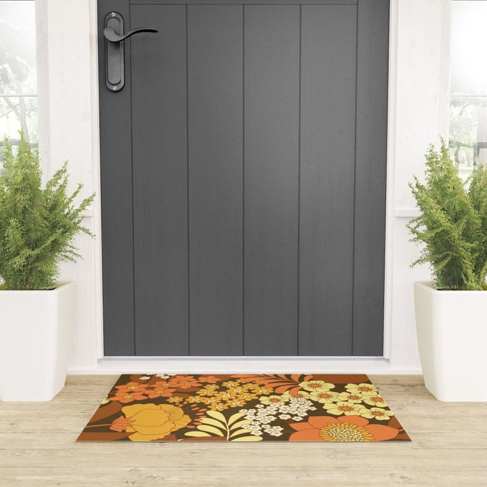 Brown, Yellow, Orange qnd Ivory Retro Flowers Welcome Mat Gallery Image 3