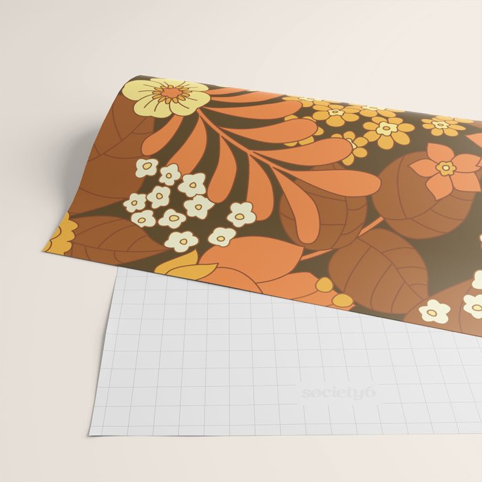 Brown, Yellow, Orange qnd Ivory Retro Flowers Wrapping Paper Gallery Image 2