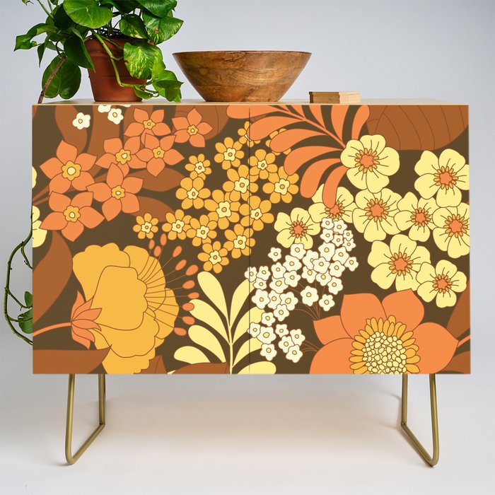Brown, Yellow, Orange qnd Ivory Retro Flowers Credenza Gallery Image 1