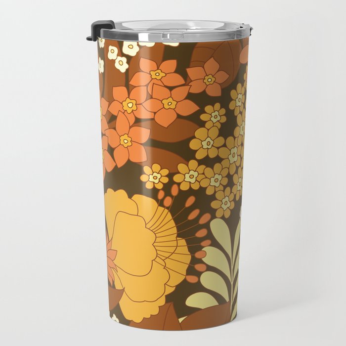 Brown, Yellow, Orange qnd Ivory Retro Flowers Travel Mug Gallery Image 3