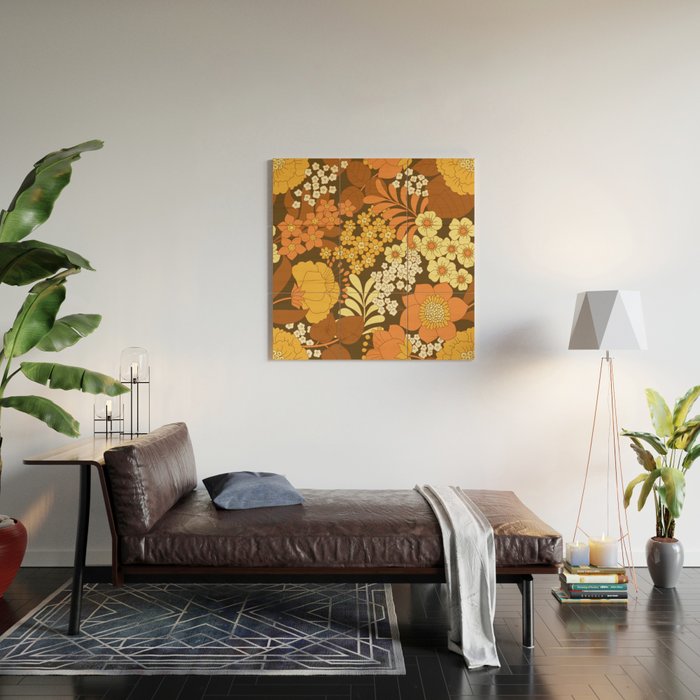 Brown, Yellow, Orange qnd Ivory Retro Flowers Wood Wall Art Gallery Image 2