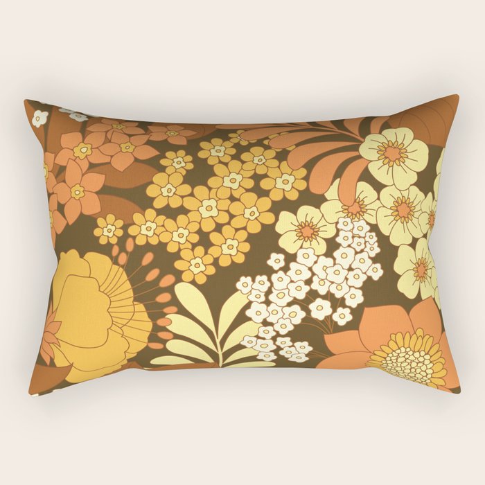Brown, Yellow, Orange qnd Ivory Retro Flowers Rectangular Pillow Gallery Image 1