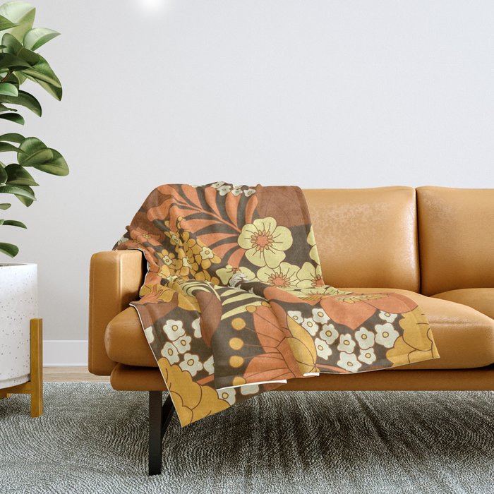 Brown, Yellow, Orange qnd Ivory Retro Flowers Throw Blanket Gallery Image 1