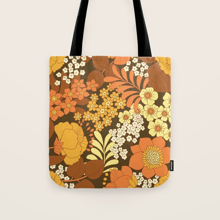 Brown, Yellow, Orange qnd Ivory Retro Flowers Tote Bag Gallery Image 1