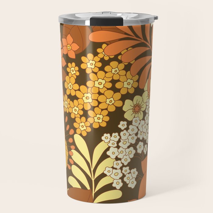 Brown, Yellow, Orange qnd Ivory Retro Flowers Travel Mug Gallery Image 1