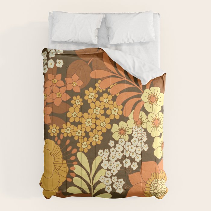 Brown, Yellow, Orange qnd Ivory Retro Flowers Comforter Gallery Image 6