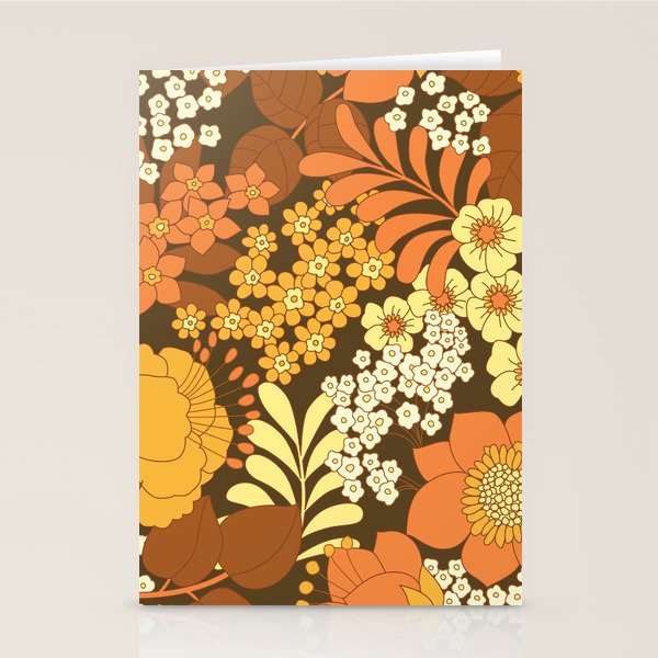 Brown, Yellow, Orange qnd Ivory Retro Flowers Stationery Card Gallery Image 1