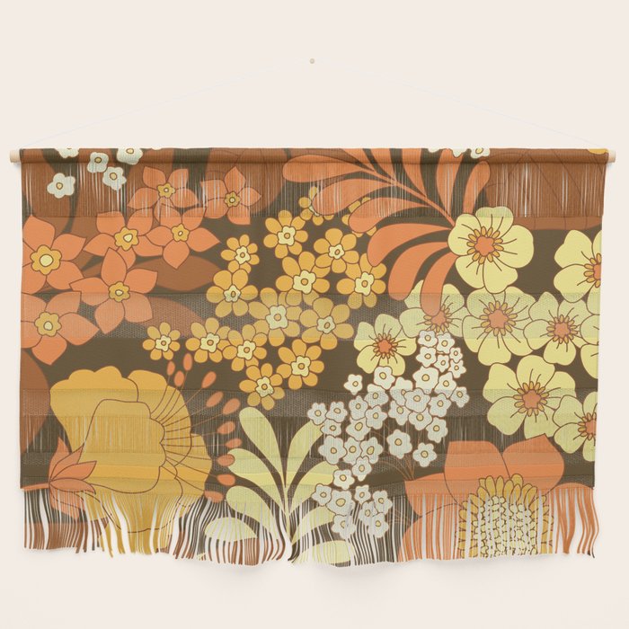Brown, Yellow, Orange qnd Ivory Retro Flowers Wall Hanging Gallery Image 1