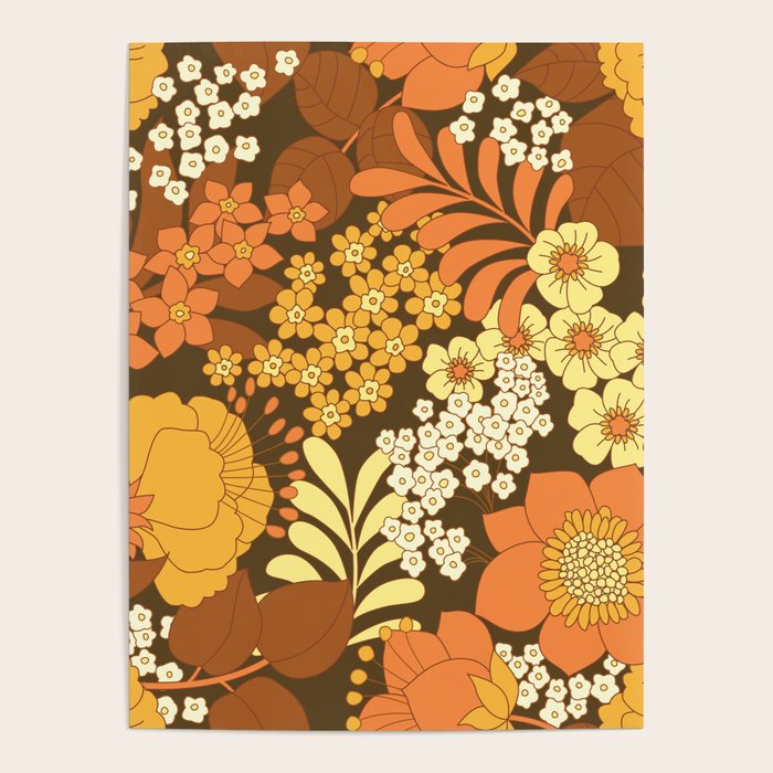 Brown, Yellow, Orange qnd Ivory Retro Flowers Poster Gallery Image 4