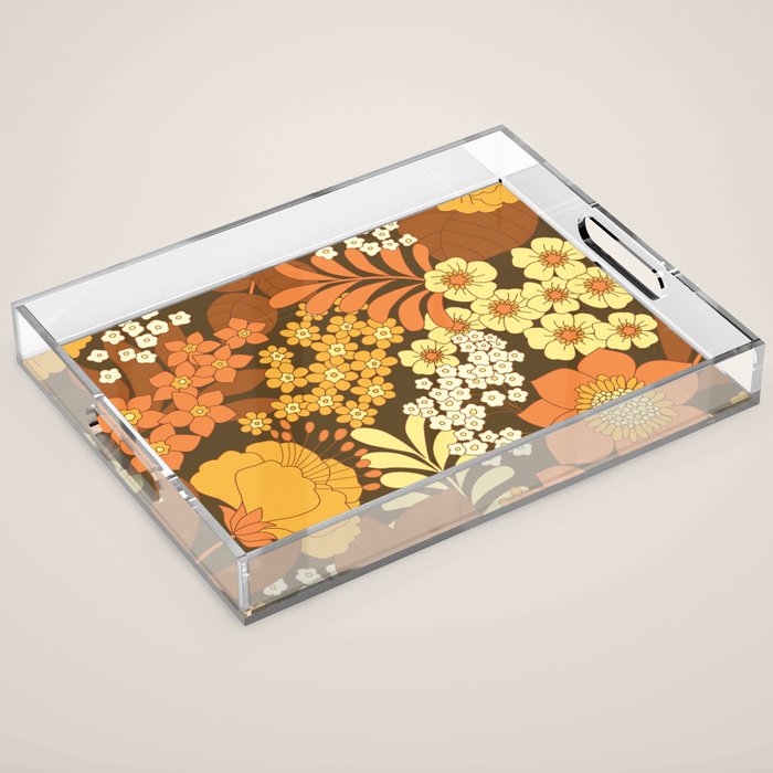 Brown, Yellow, Orange qnd Ivory Retro Flowers Acrylic Tray Gallery Image 1