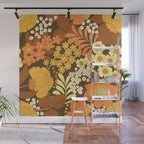 Brown, Yellow, Orange qnd Ivory Retro Flowers Wall Mural Gallery Image 1