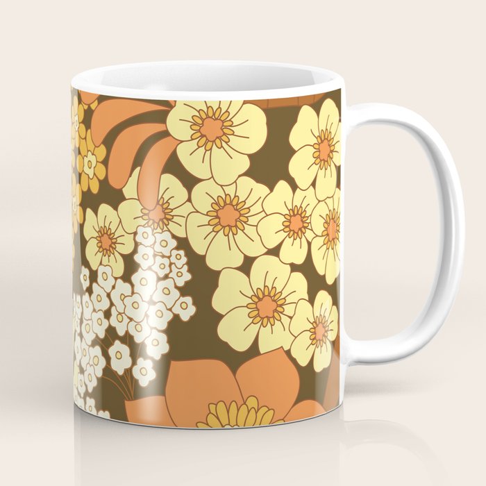 Brown, Yellow, Orange qnd Ivory Retro Flowers Coffee Mug Gallery Image 1