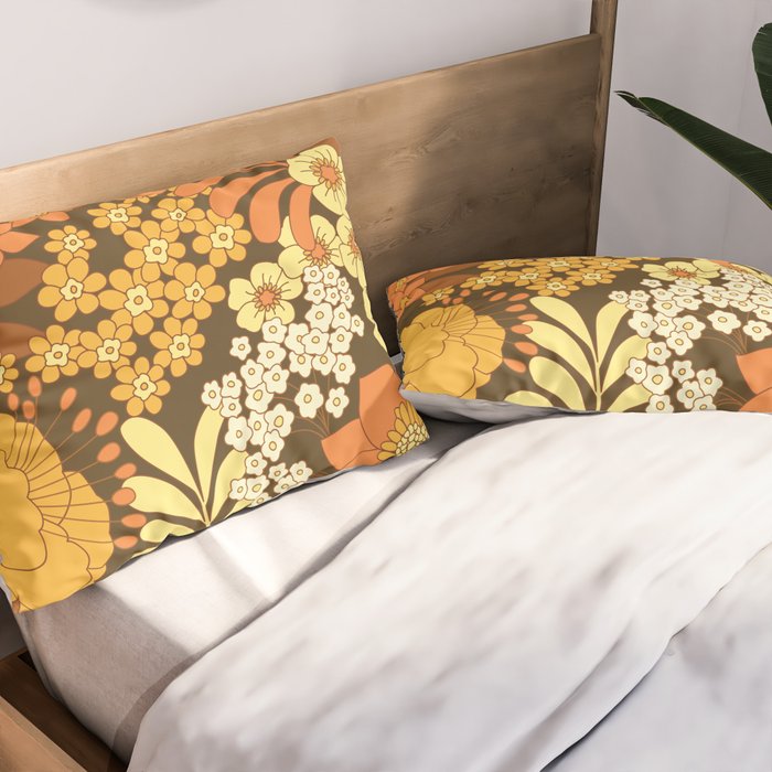 Brown, Yellow, Orange qnd Ivory Retro Flowers Pillow Sham Gallery Image 2