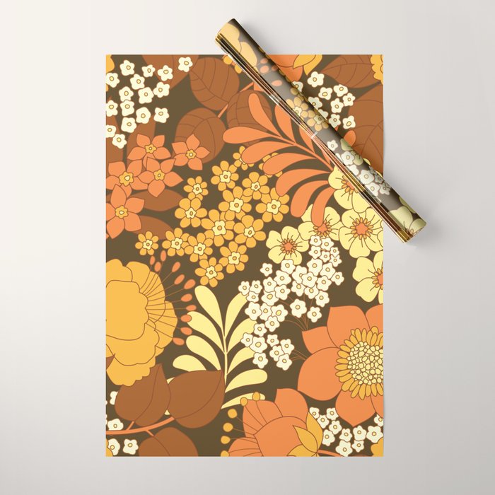 Brown, Yellow, Orange qnd Ivory Retro Flowers Wrapping Paper Gallery Image 1