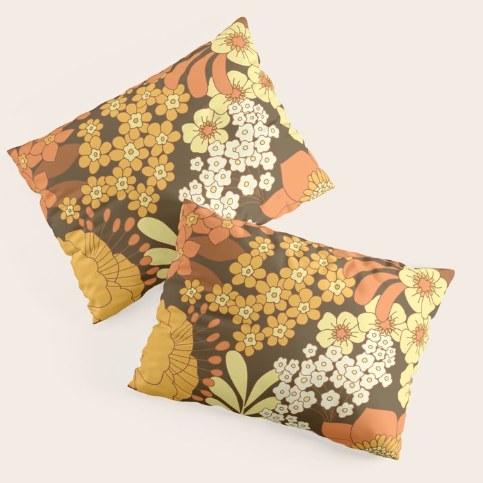 Brown, Yellow, Orange qnd Ivory Retro Flowers Pillow Sham Gallery Image 1