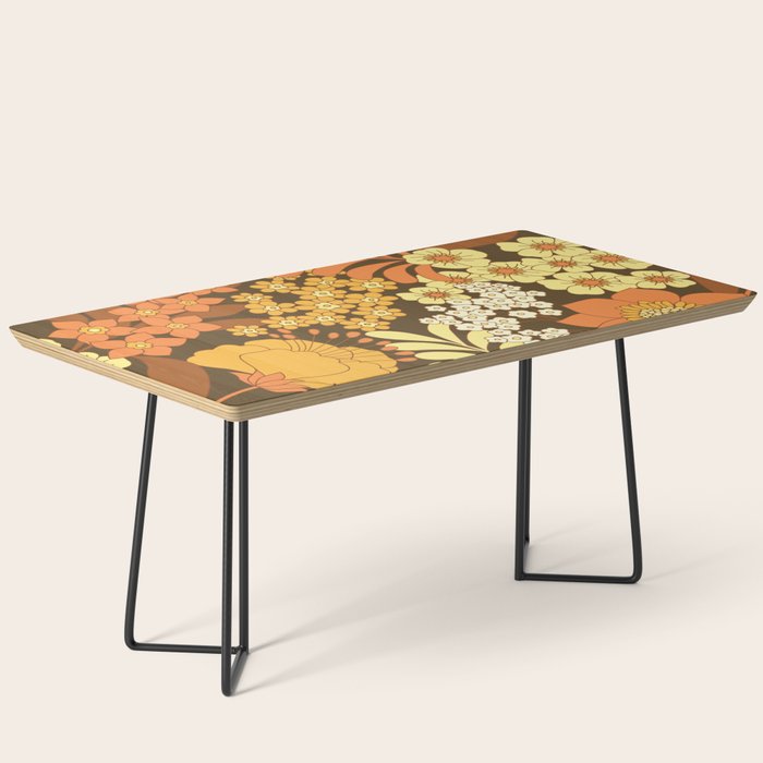 Brown, Yellow, Orange qnd Ivory Retro Flowers Coffee Table Gallery Image 1