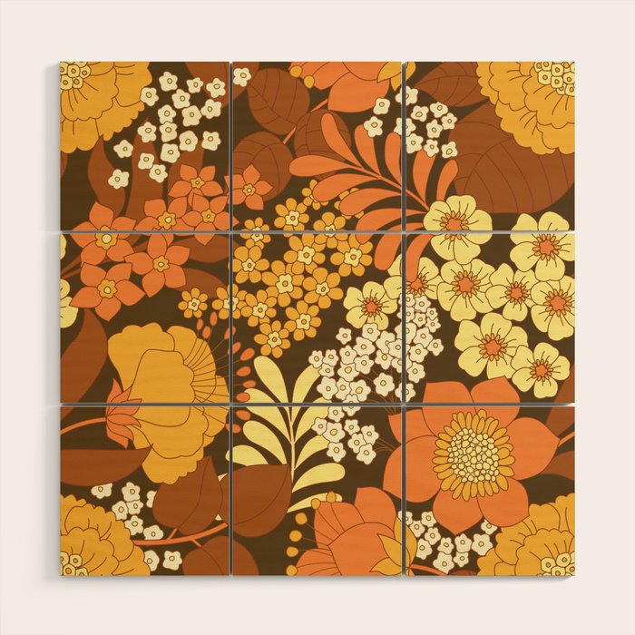 Brown, Yellow, Orange qnd Ivory Retro Flowers Wood Wall Art Gallery Image 1