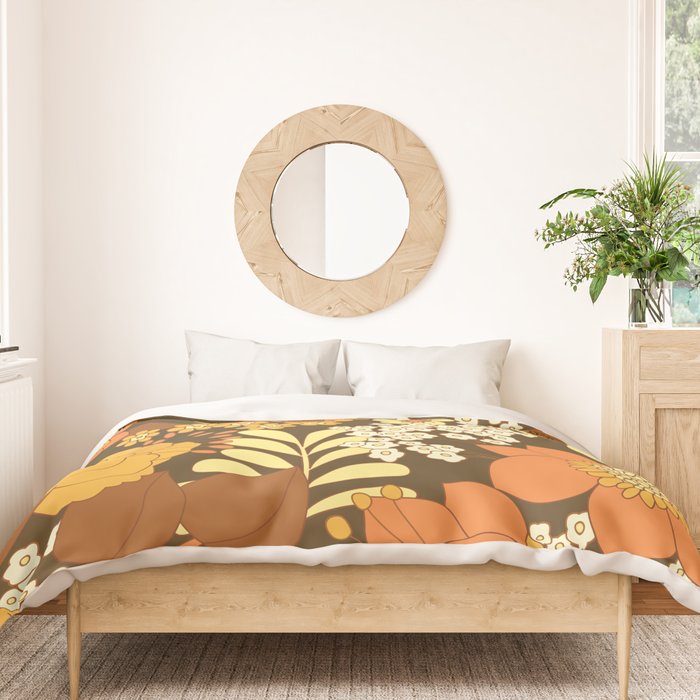Brown, Yellow, Orange qnd Ivory Retro Flowers Duvet Cover Gallery Image 3