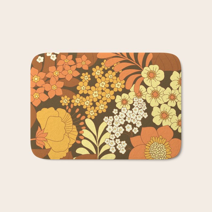 Brown, Yellow, Orange qnd Ivory Retro Flowers Bath Mat Gallery Image 1